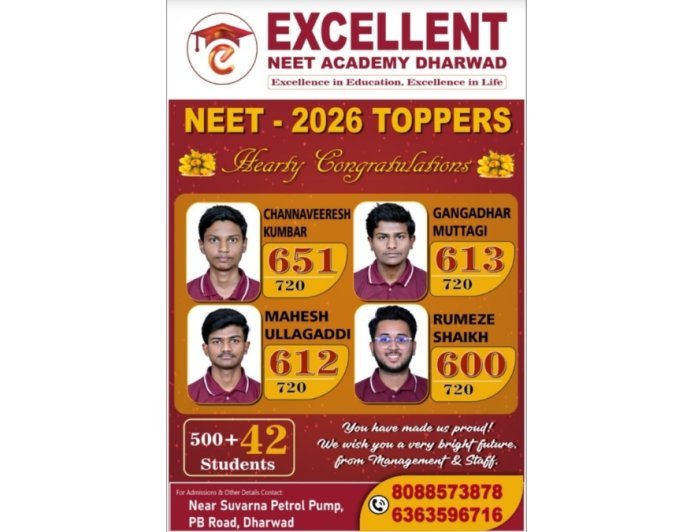Excellent NEET Academy Dharwad Delivers Outstanding NEET 2026 Results; 42 Students Score Above 500 Marks